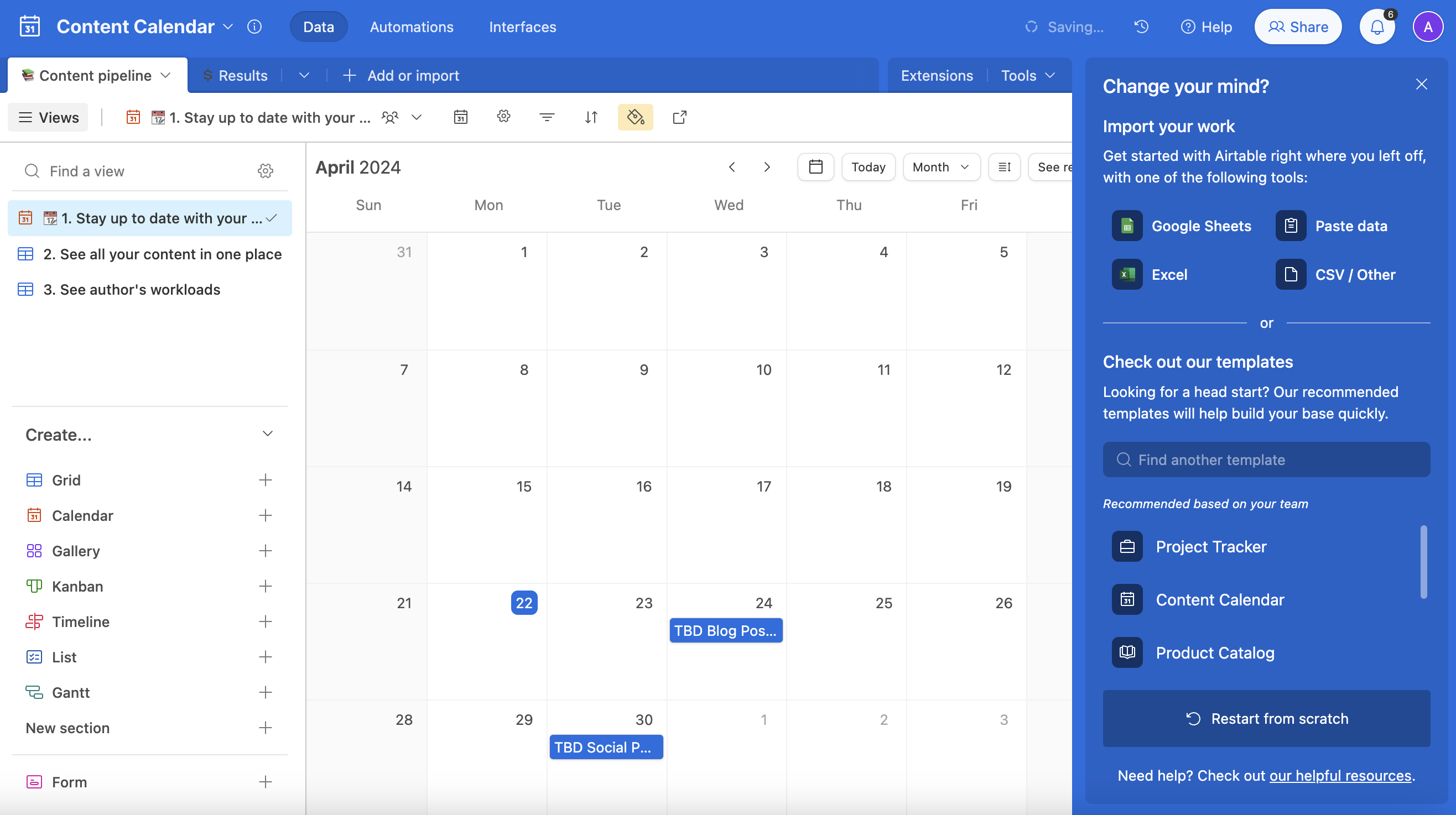 Captura de pantalla que muestra una interfaz de calendario de contenidos de Airtable con plantillas de calendario de contenidos para 2024, días destacados de abril y una tarea denominada 