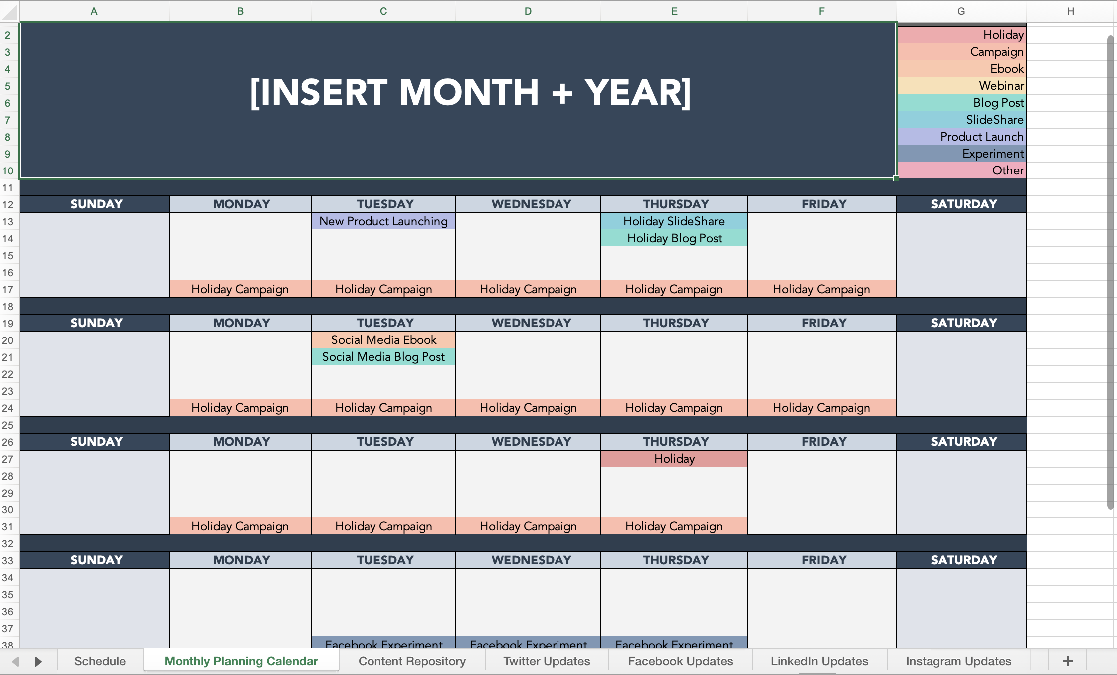 Captura de pantalla de la plantilla del calendario de contenidos en redes sociales de HubSpot para 2024, repleta de eventos y detalles de campañas como 