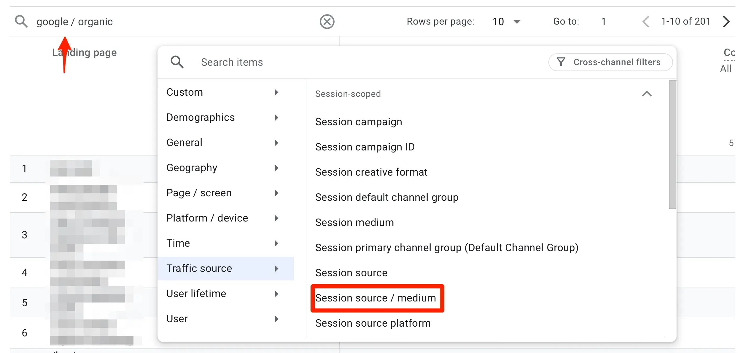 Informe de tráfico orgánico de Google - Páginas de destino