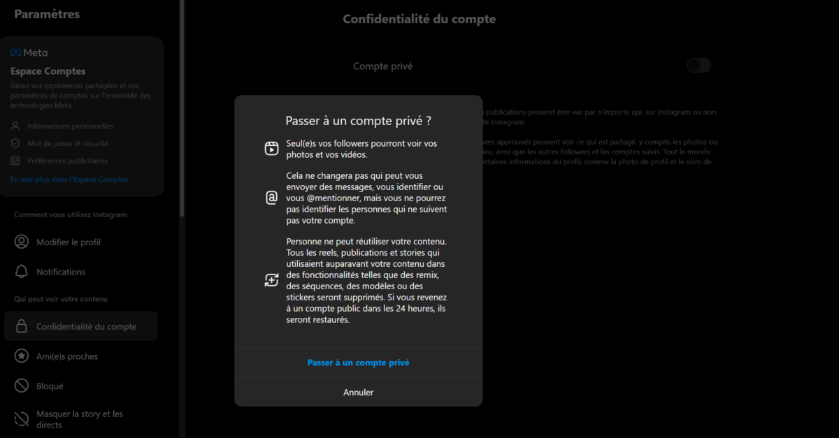 Comment exister votre compte Instagram en privé?